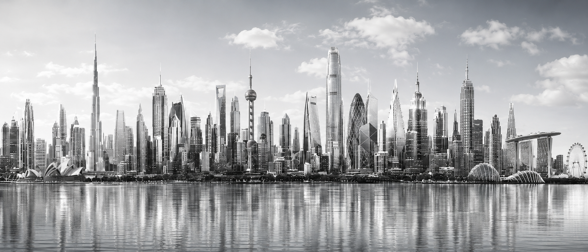 Panoramic monochrome skyline combining major global financial centres and selected landmarks